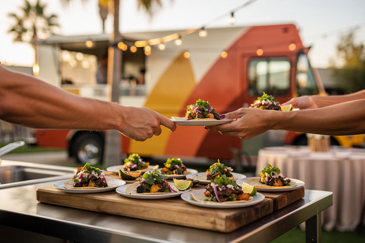 Tacos El Unico taco truck catering at San Diego community event with outdoor guests enjoying authentic food